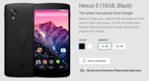 Google Nexus 5 sold out on Google Play
