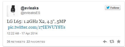 Mysterious LG L65 spotted on Twitter