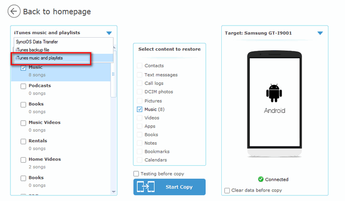 Move your iTunes Music to your Samsung Galaxy phone via Syncios