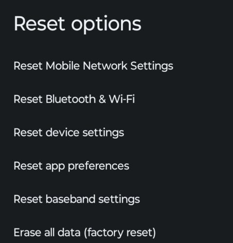 reset options